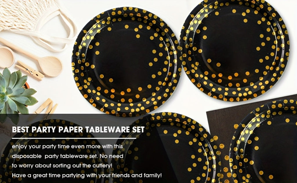 Disposable Party Supplies Set 150 Piece Black and Gold - Paper Plates, Napkins & Forks for 50 Guests, Elegant Tableware for Birthday, Wedding, Graduation & Holiday Celebrations