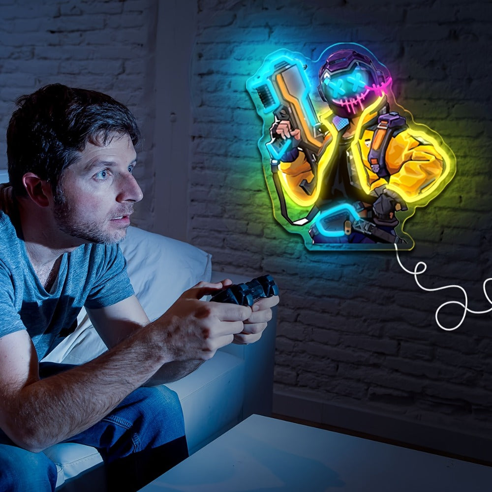 Neon Marksman LED Wall Art - UV Printed USB Powered Sniper Shooter Neon Sign for Game Room, Bar, Man Cave & Bedroom Wall Decor (Colorful / Yellow Sharpshooter)