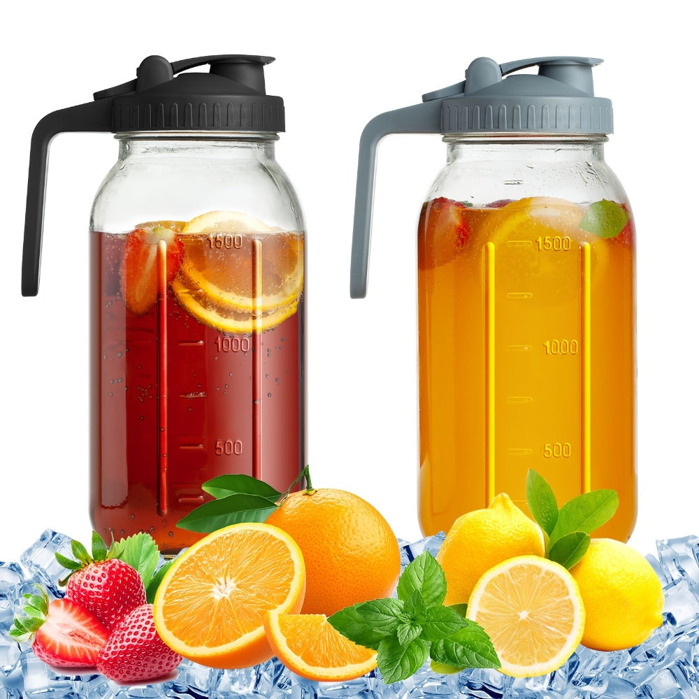 Mason Jar Pitcher 64oz Wide Mouth Glass Pitcher with Pour Spout & Handle ¨C 2 Pack Leak Proof Iced Tea Pitcher for Fridge, Coffee Creamer, Sun Tea & Juice