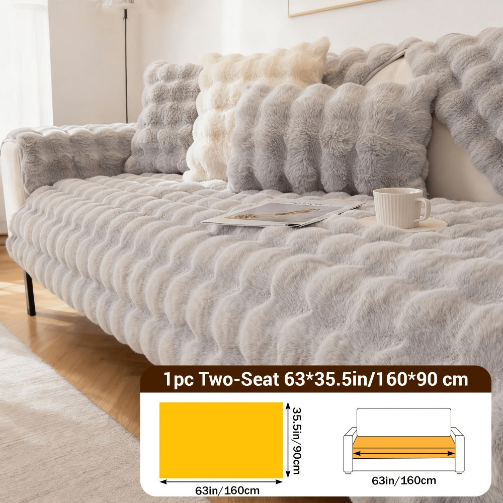 Bubble Soft Faux Rabbit Fur Sofa Cover - Non-Slip Silicone Backing Stretchable Slipcover Pet Friendly Machine Washable for Living Room Bedroom Dorm, 4 Colors Multiple Sizes