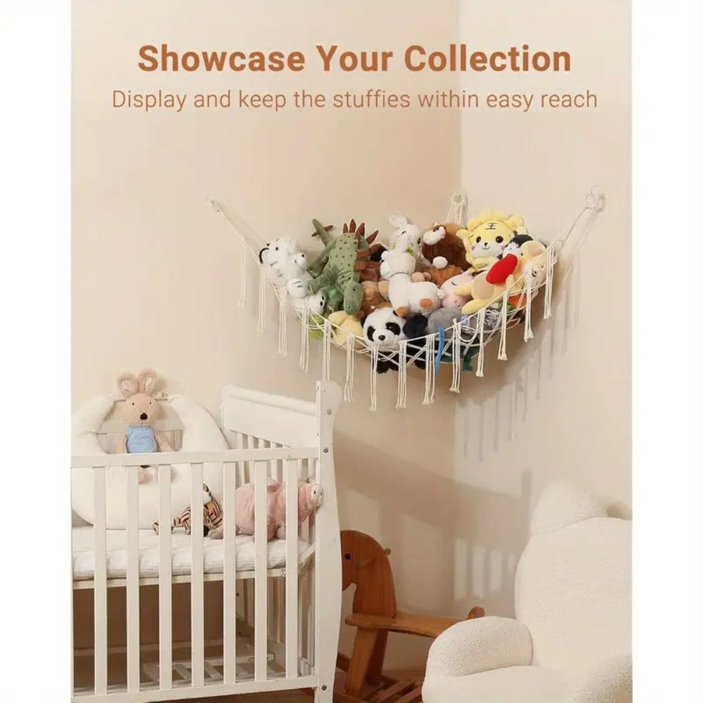 Stuffed Animal Storage Hammock with Lights Corner Hanging Toy Net Organizer for Nursery Bedroom Kids Room Decor Plush Toy Holder Christmas Halloween Easter Gift