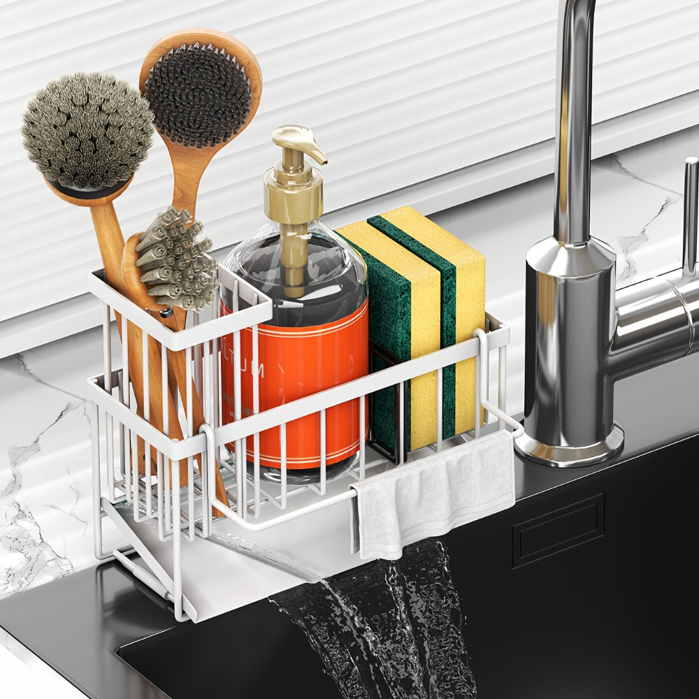 Kitchen Sink Sponge Holder 304 Stainless Steel Drain Design Dishcloth Rack Tall Brush Holder Countertop Soap Dispenser Organizer Storage Accessories Black