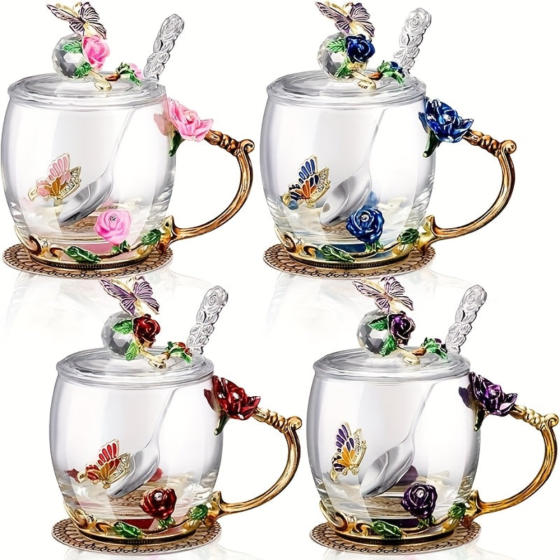 Flower Glass Tea Cups with Lids and Spoon 4 Sets Butterfly Vintage Floral Clear Glass Coffee Mugs 12oz Gift for Women Mom Wife Girlfriend Mother's Day Pink Purple Blue Red