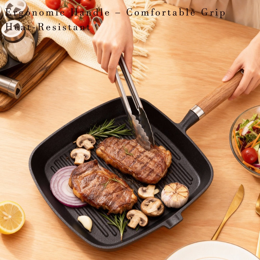 Cast Iron Grill Pan with Non-Stick Surface & Striped Design ¨C Thick Wooden Handle Skillet for Steak, Meat, Pancakes & Eggs | Gas Stove, Home & Outdoor Camping Cookware