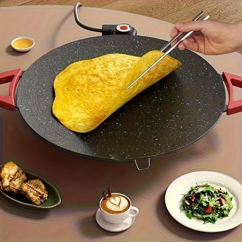 Korean BBQ Grill Pan ¨C Round Non-Stick Multi-Functional Electric Grill Pan with Red Handle & Adjustable Settings, Home & Outdoor BBQ Pot for Family Gatherings, Available in 14.17¡± & 15.75¡±