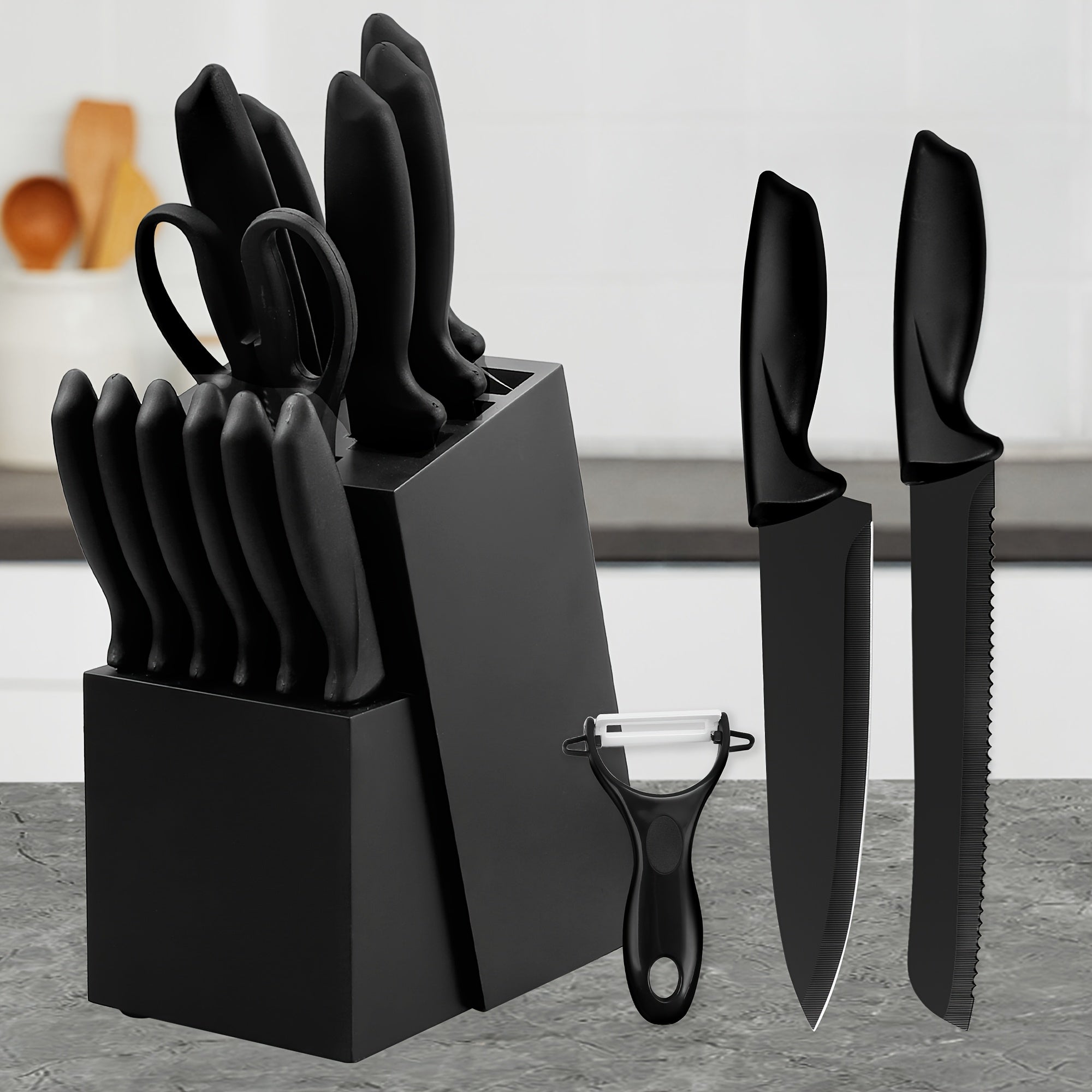 Kitchen Knife Set 15 Piece ¨C Chef Knife Block Set with Self-Sharpening Wooden Block, Steak Knives & Hammered Stainless Steel Blades, Perfect Gift for Home Cooks & Men