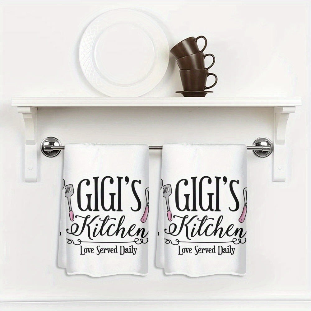 Kitchen Dish Towels 2 Pack 23.6x15.7 Inch - Decorative Hand Towels 370GSM Polyester Cartoon Utensil Graphic Love Served Daily Text Lightweight Soft Absorbent | Home Hotel Restaurant Kitchen Decor Gift
