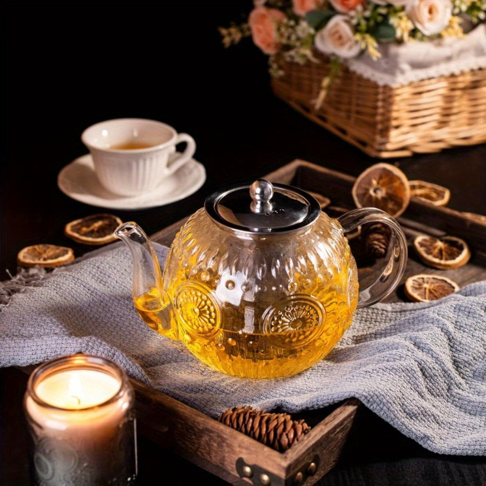 Vintage Glass Teapot 50oz 1500ml with Removable Infuser Stovetop Safe Borosilicate Tea Kettle Elegant Floral Design Durable Easy Clean for Loose Leaf Blooming Tea