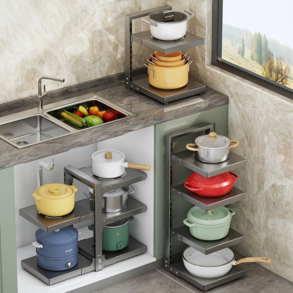 Kitchen Storage Rack Multi-Tier Adjustable - Drain Organizer for Pots Pans and Cutlery with Paint Finish, Floor Standing or Wall Mountable Pot Rack for Kitchen Counter and Cabinet, Available in 2 to 7 Tiers in Black White and Grey