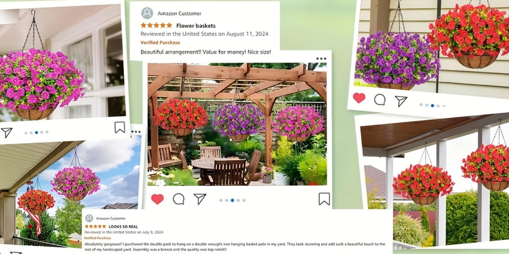 Artificial Hanging Flowers Outdoor UV-Resistant Fake Petunias with Planter Basket ¨C Realistic Faux Hanging Plants for Garden Patio Porch Balcony Railing Decor