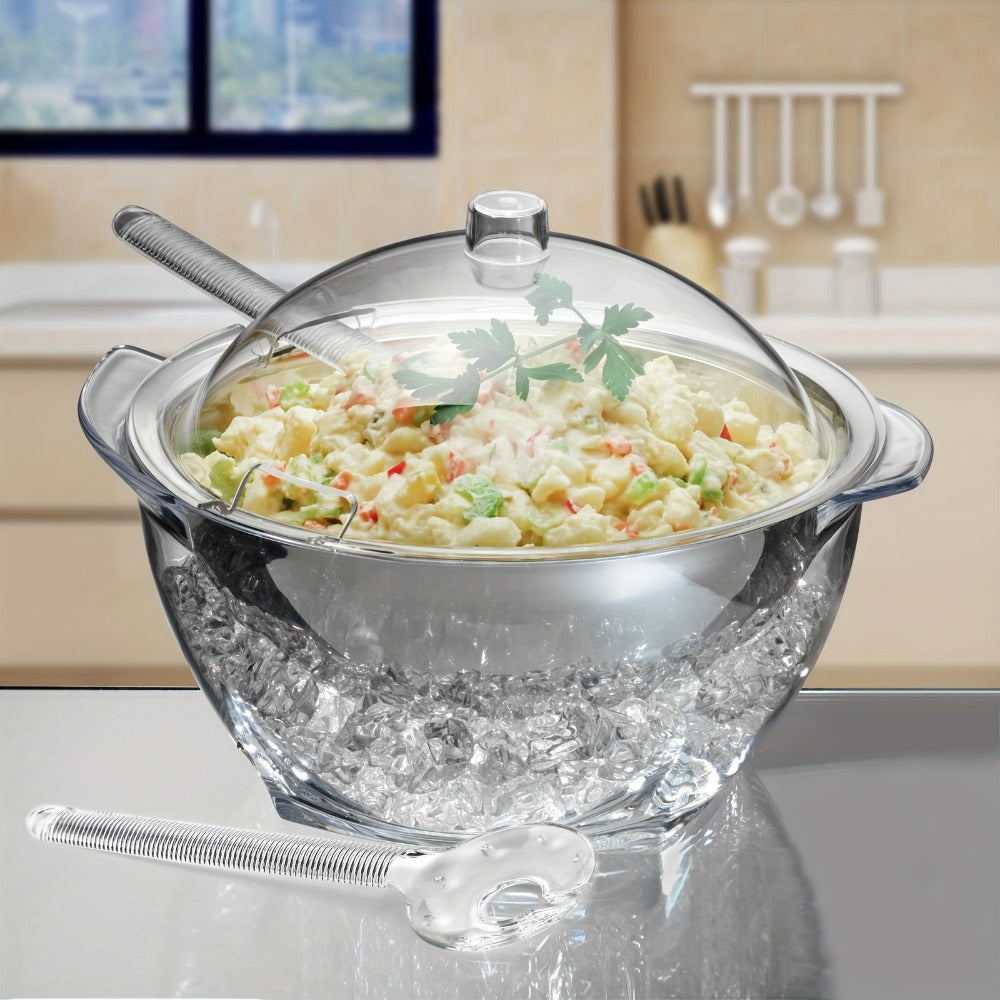 Stainless Steel Ice Chiller Salad Bowl with Lid and Serving Spoons ¨C Large Refrigerated Veggie Fruit Tray with Ice Chiller Base for Party Entertaining Buffet Outdoor Picnic Food Display