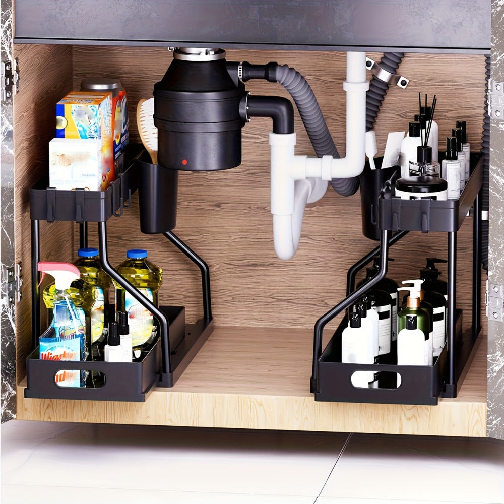 Under Sink Organizer 2pcs with Sliding Shelves ¨C Durable Pull-Out Cabinet Storage for Bathroom Kitchen Space Saving Vertical Design