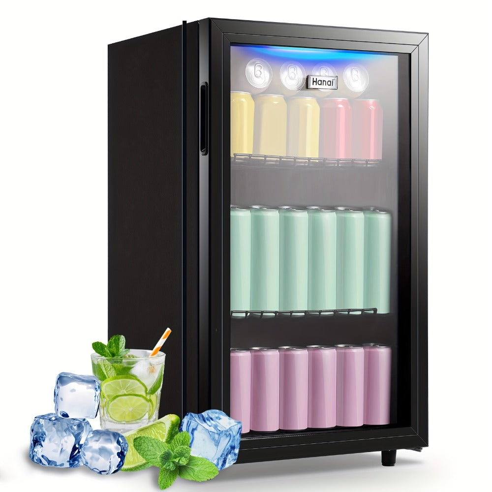 Beverage Refrigerator with Glass Door, Mini Drink Cooler Fridge with Blue LED Light, 3 Adjustable Shelves & R600a Compressor ¨C 1.7 or 3.5 Cu Ft Freestanding Bar Fridge for Home, Office, Dorm and Bar