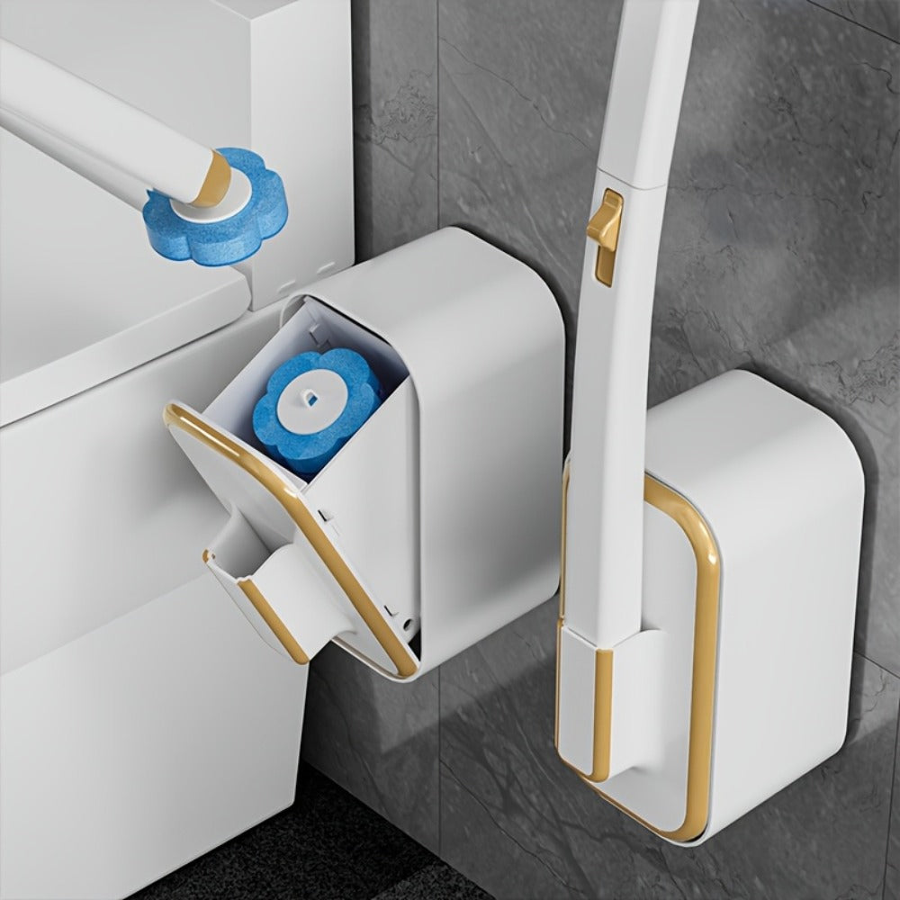 Wall-Mounted Toilet Brush Set with 8 Disposable Heads | No-Drill Easy Install, Long Handle Bathroom Cleaning Brush, Replaceable Brush Heads for Toilet Bowl, Home & Commercial Use, Plastic Medium Firmness