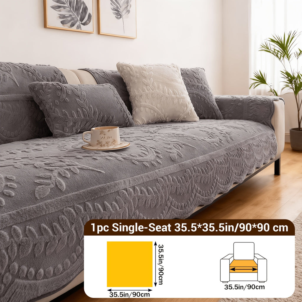 Faux Rabbit Fur Plush Sofa Cover Non-Slip | Thickened Quilted Couch Cushion, Machine Washable Pet Friendly, 1 to 4 Seat Armrest Backrest, White Light Grey Brown, Home Winter Decor