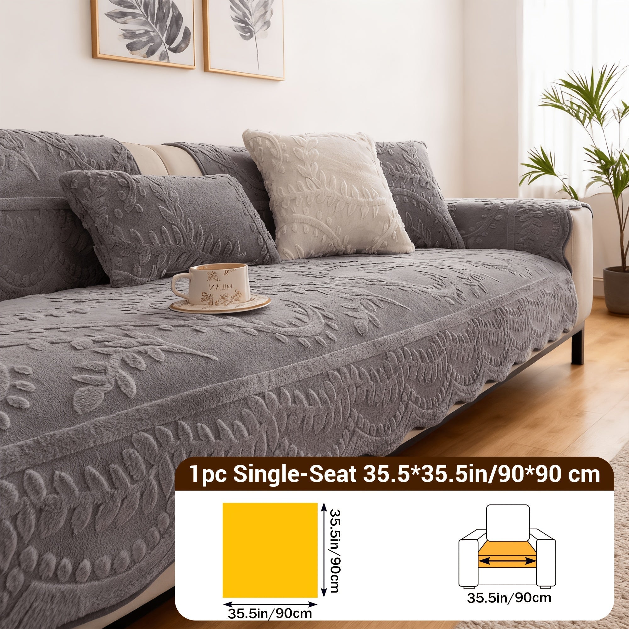 Faux Rabbit Fur Plush Sofa Cover Non-Slip | Thickened Quilted Couch Cushion, Machine Washable Pet Friendly, 1 to 4 Seat Armrest Backrest, White Light Grey Brown, Home Winter Decor