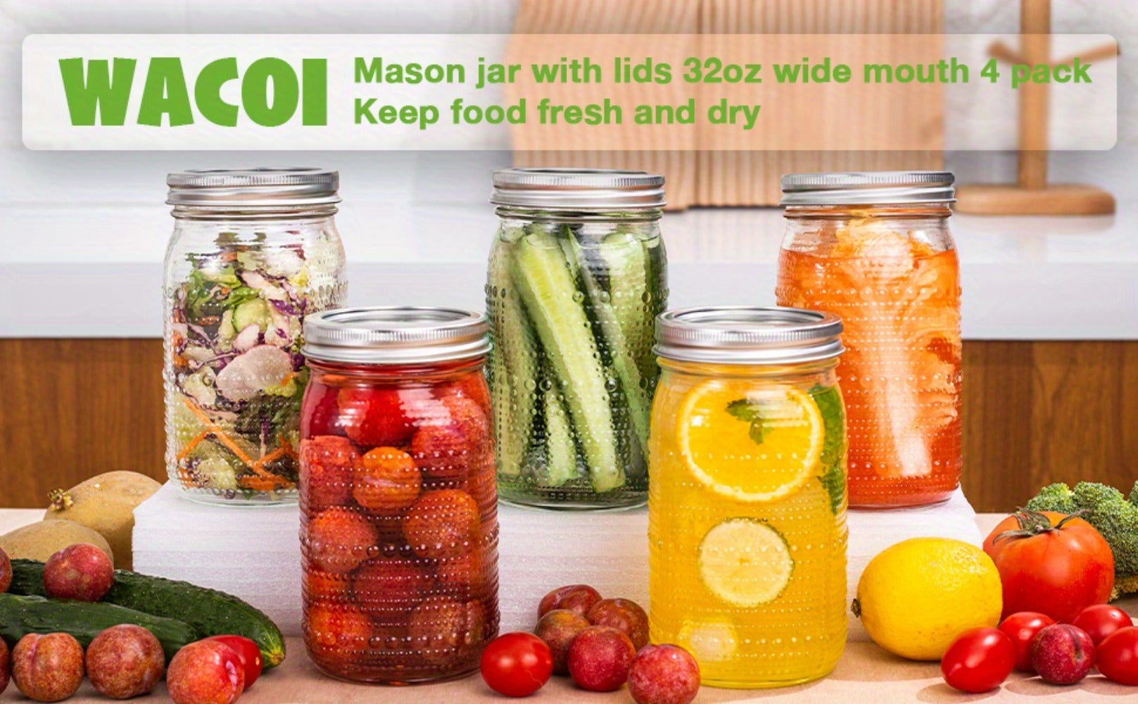 Mason Jars 32 oz Wide Mouth with Lids 4 Pack ¨C Glass Canning Jars for Food Storage, Meal Prep, Pickling, Fermenting & Pantry Organization, Dishwasher Safe, Leak-Proof Split Seal Lid