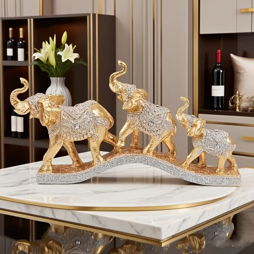 Golden Elephant Figurine Set of 3 - Lucky Elephant Statue Home Decor, Resin Elephant Family Sculpture for Living Room TV Cabinet Office Desktop, Wealth Attracting Housewarming Gift, 14 Inch