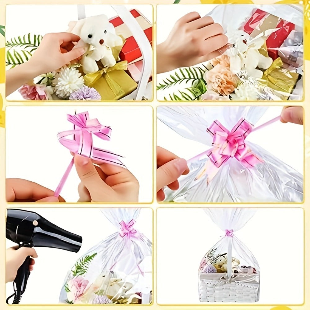 Clear Heat Shrink Cellophane Bags 80pcs 3 Sizes with Pull Bows | Gift Basket Wrapping Bags for Easter Mother's Day Party Favors