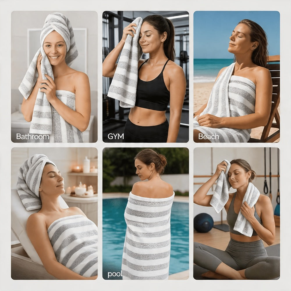 Striped Bath Towel Set 1 or 4 Pack 346GSM - 100% Polyester Super Soft Skin Friendly Absorbent Quick Dry | 70x140cm 27.6x55.1in | Green Gray Red Multi-Color | Home Bathroom Beach Essentials