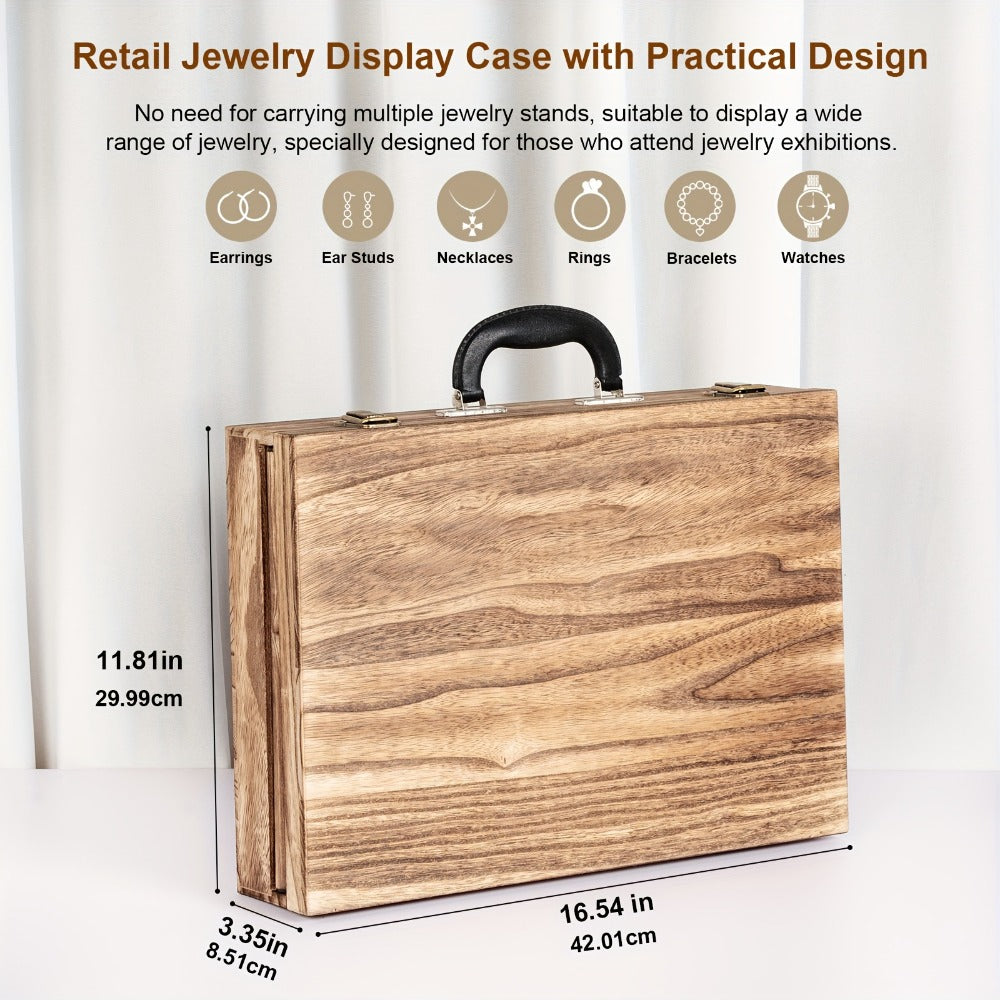Wooden Jewelry Display Case with Lock & Buckle Closure ¨C Vintage Tabletop Organizer Box for Earrings, Bracelets & Necklaces, Large Capacity Earring Card Holder, Burnt Wood