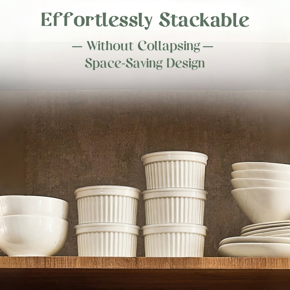 Souffle Dishes Set of 6 Porcelain Ramekins with Lids 8oz Creme Brulee Cups Custard Cups for Baking Pudding Dip Sauce Dessert White Ceramic Bakeware