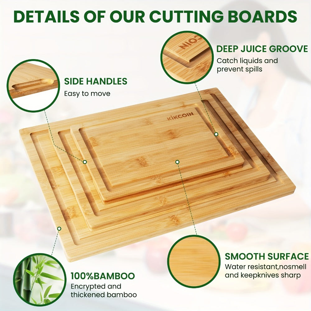 Bamboo Cutting Board Set 4pcs with Rack Juice Groove Knife Friendly Oversized Kitchen Chopping Boards for Meat Vegetables Fruit Multifunctional Gift for Family