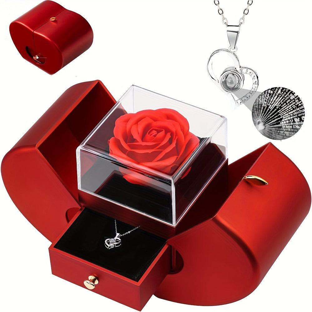 Preserved Real Rose Gift Box with I Love You in 100 Languages Necklace ¨C Romantic Gifts for Girlfriend Wife Mom ¨C Valentine's Day Birthday Mother's Day Christmas Gift Idea for Women
