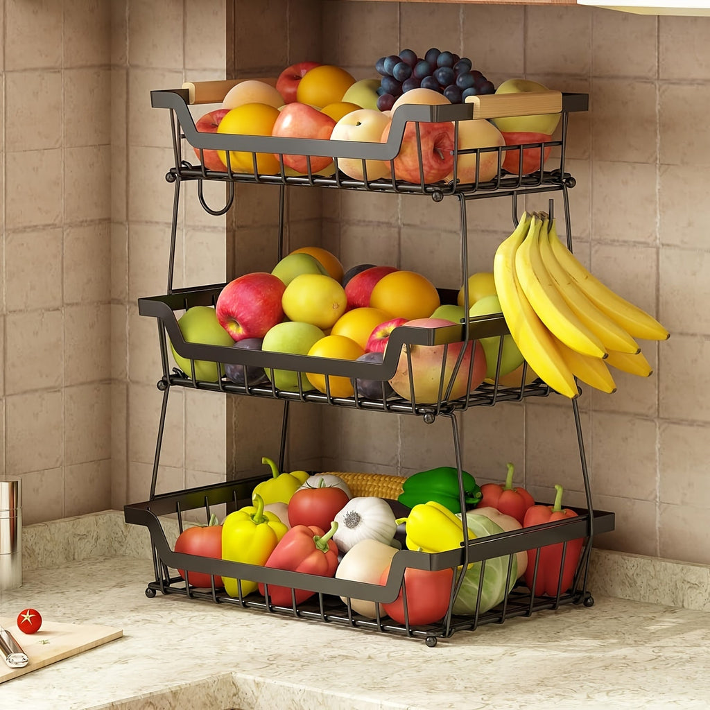 Fruit Basket with Banana Hanger, 2-3 Tier Metal Countertop Organizer with Wooden Handle ¡ª Detachable Kitchen Storage Stand for Fruits, Vegetables & Bread | Large Capacity | Black