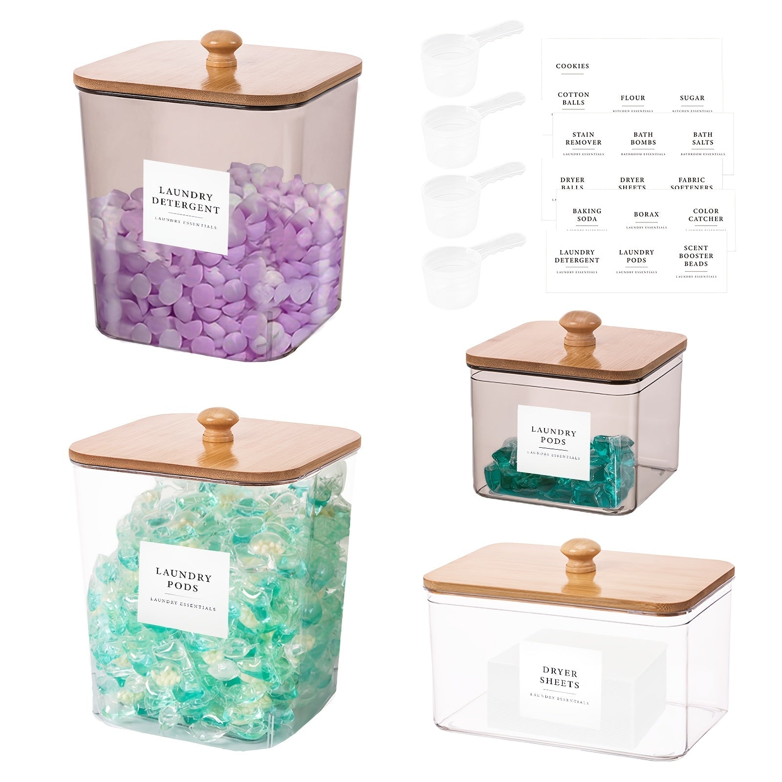Laundry Pod Containers Set of 4 with Lids Scoops and Labels ¨C Laundry Room Organization Storage Canisters for Pods Detergent Dryer Balls Scent Beads Mixed Color