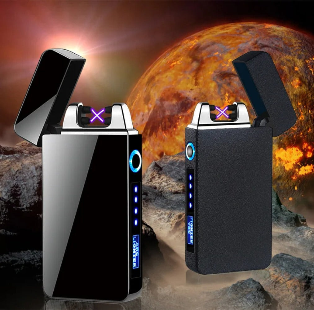 USB Electric Lighter Dual Arc Plasma ¨C Windproof Flameless Rechargeable Lighter with LED Power Display, Touch Sensor, Metal Body, Ideal for Outdoor Camping Candles Holiday Gift (No Battery Required)