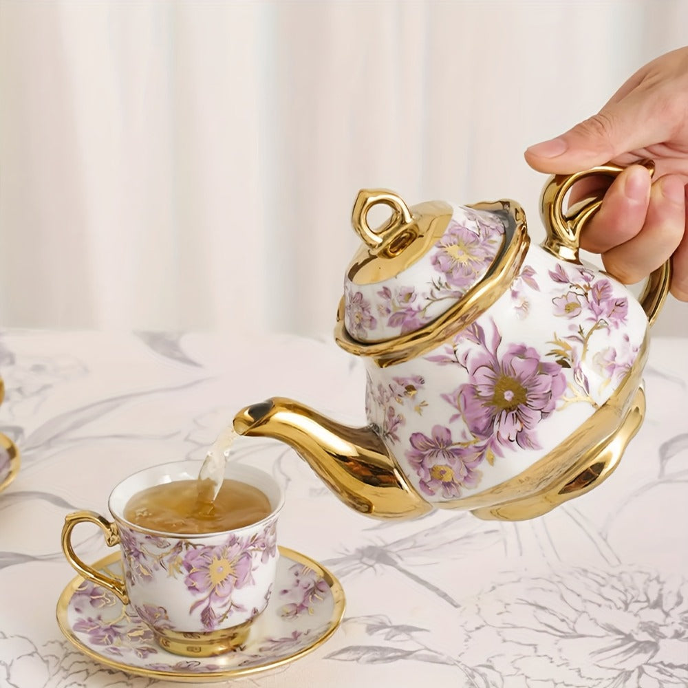 Floral Ceramic Tea Set 20 Pcs ¨C European Porcelain Tea Cups & Saucers with Metal Holder & 15 Oz Teapot ¨C Luxury Arabic Coffee Cup Set for Espresso, Cappuccino & Afternoon Tea ¨C Elegant Gift