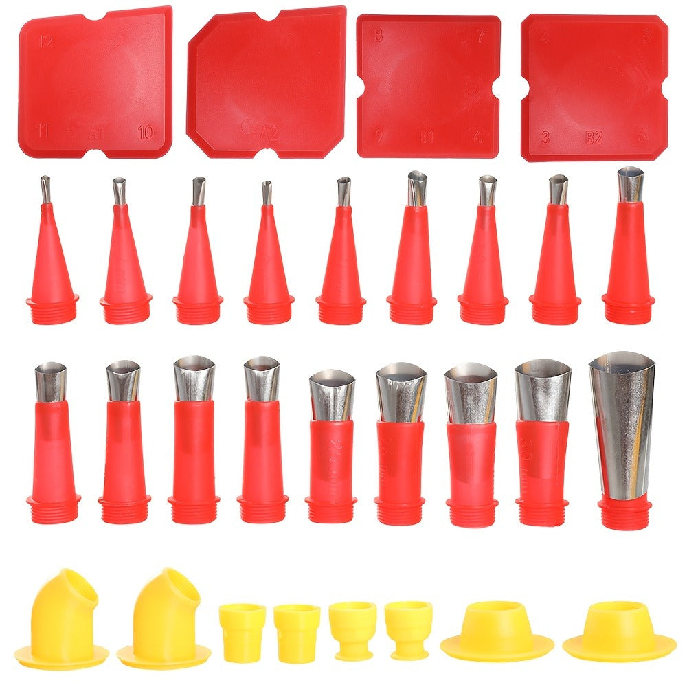 Caulking Tool Kit 30 Piece | 16 Reusable Nozzle Tips 8 Connectors 4 Grout Scrapers Stainless Steel | Caulk Finishing Set for Bathroom Kitchen Doors Windows Tile Sealing