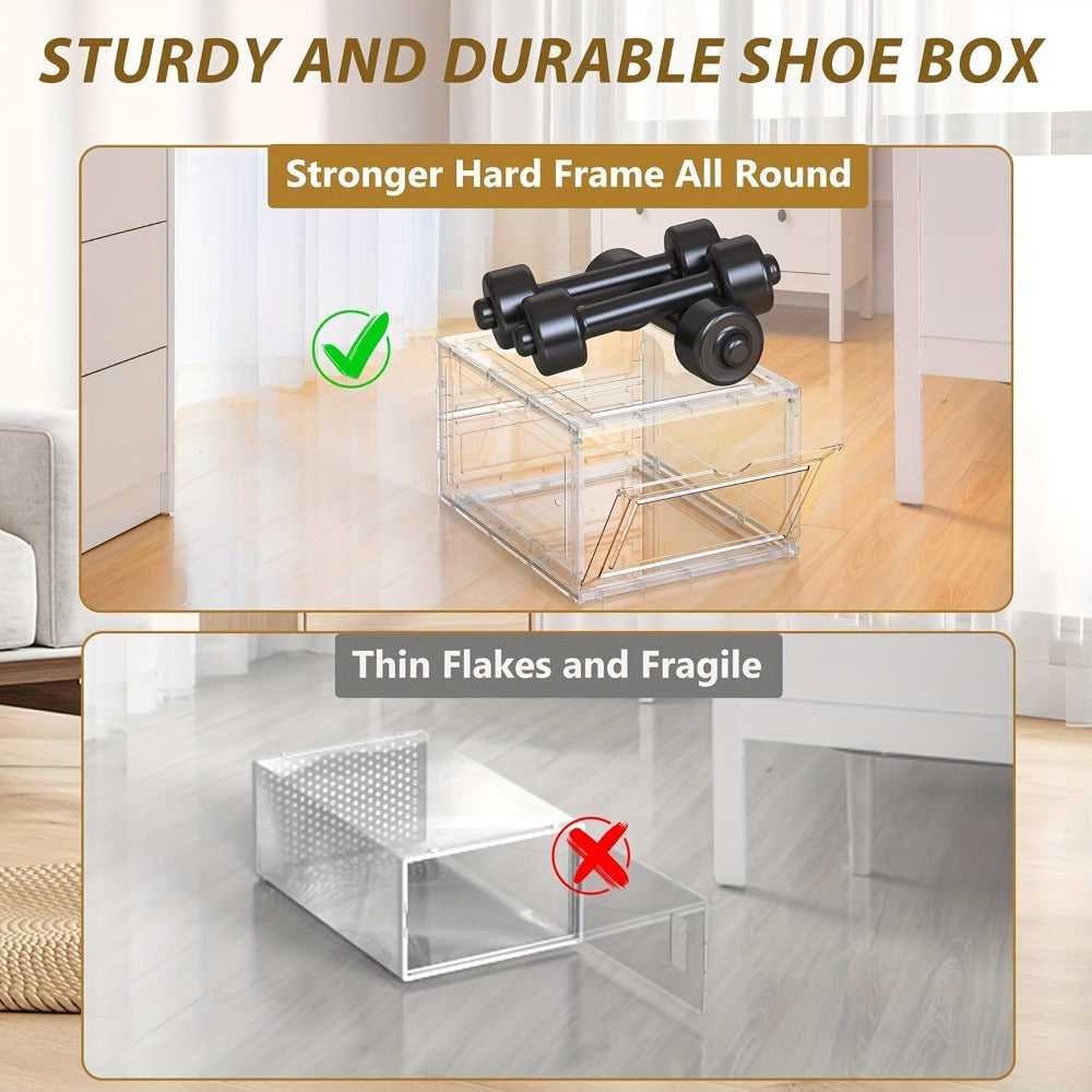 Clear Stackable Shoe Storage Boxes 6/12 Pack XX Large Hard Plastic Organizer for Size 12 Sneakers Closet White