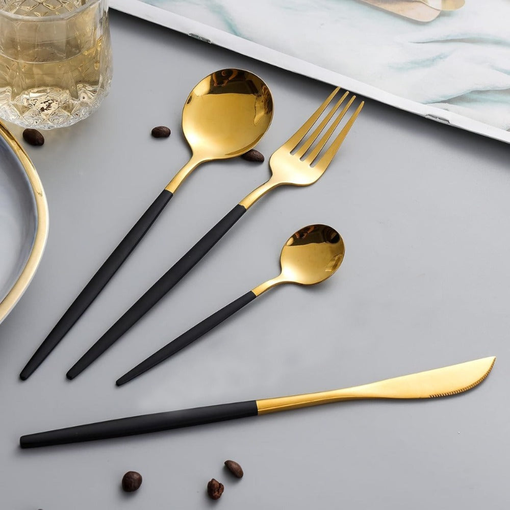 Flatware Set 24 Piece Black Gold Stainless Steel Silverware for 6 Matte Black Handle Forks Knives Spoons Cutlery Tableware Dinner Set