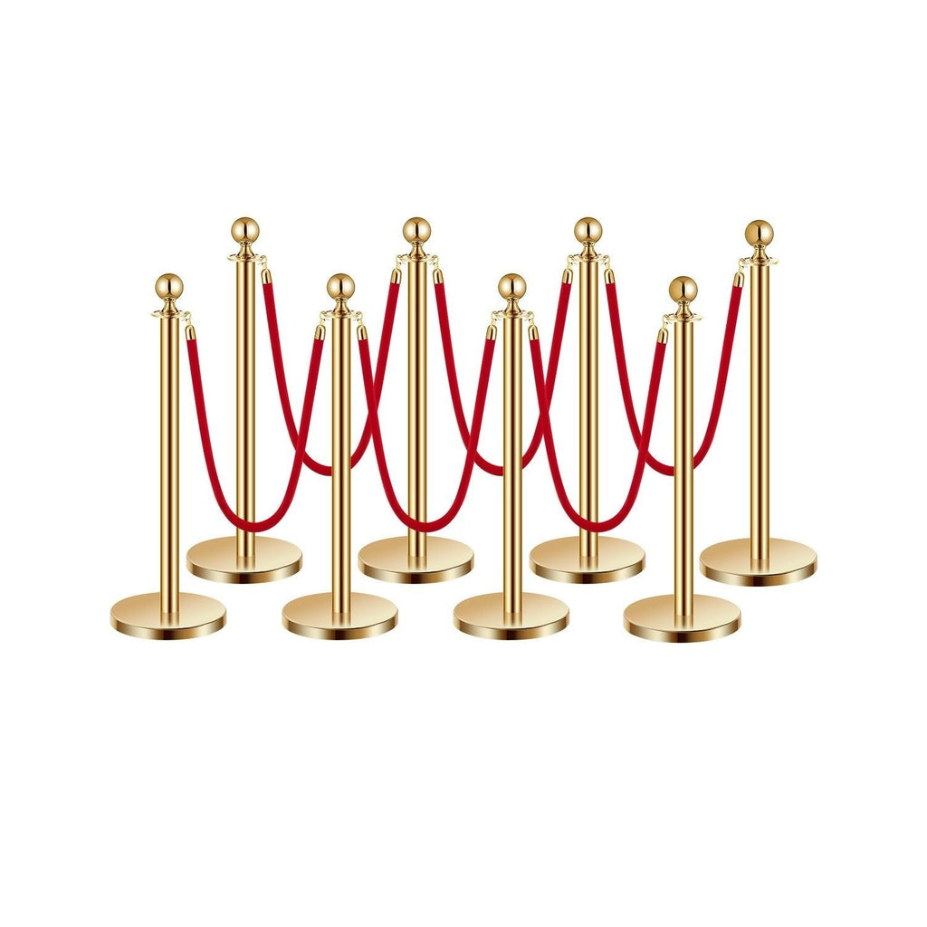 Stanchion Posts with Red Velvet Rope Set - Gold Crowd Control Barrier, 201 Stainless Steel Queue Poles with Sand-Fillable Base & 4-Way Connectors, for Wedding Event Party Museum Hotel, 4/6/8 Pcs
