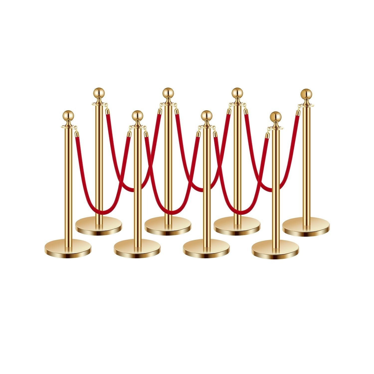 Stanchion Posts with Red Velvet Rope Set - Gold Crowd Control Barrier, 201 Stainless Steel Queue Poles with Sand-Fillable Base & 4-Way Connectors, for Wedding Event Party Museum Hotel, 4/6/8 Pcs