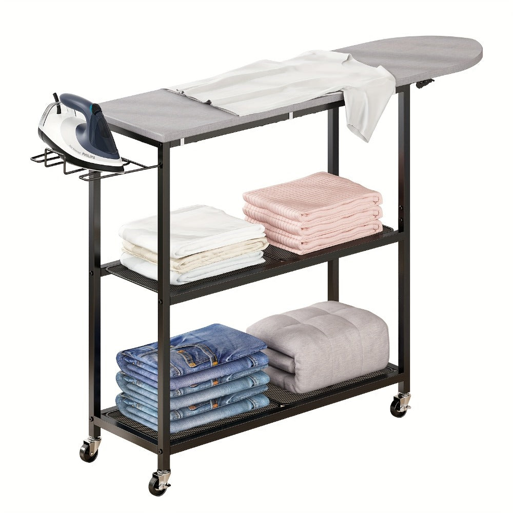 3-Tier Ironing Board Cart with Wheels ¨C Rolling Laundry Station with Multi-Layer Storage Shelves for Living Room, Bedroom & Outdoor Use