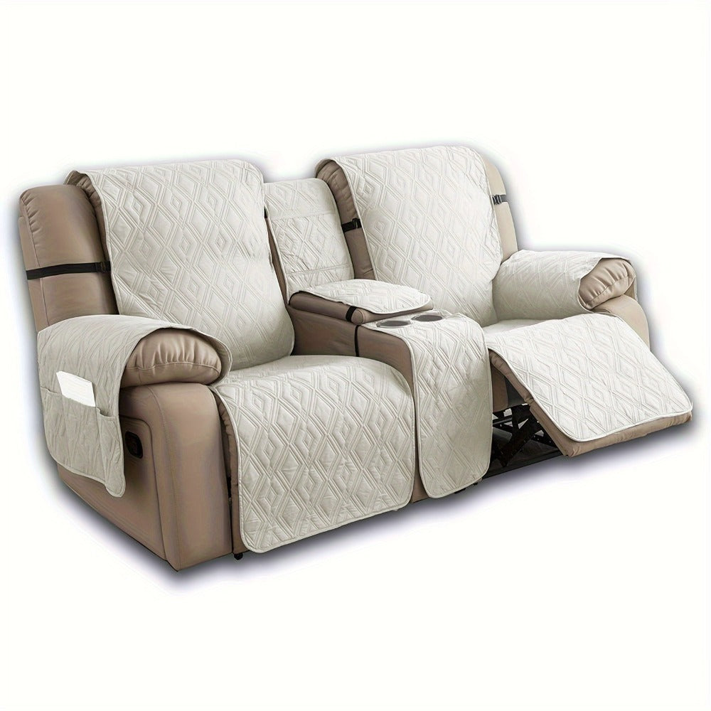 Recliner Loveseat Cover 4 Piece Set Waterproof Split Dual Recliner Sofa Slipcover with Center Console Cover & Straps - Pet Friendly Furniture Protector, Knit Polyester, 8 Colors, Black Grey Beige Navy
