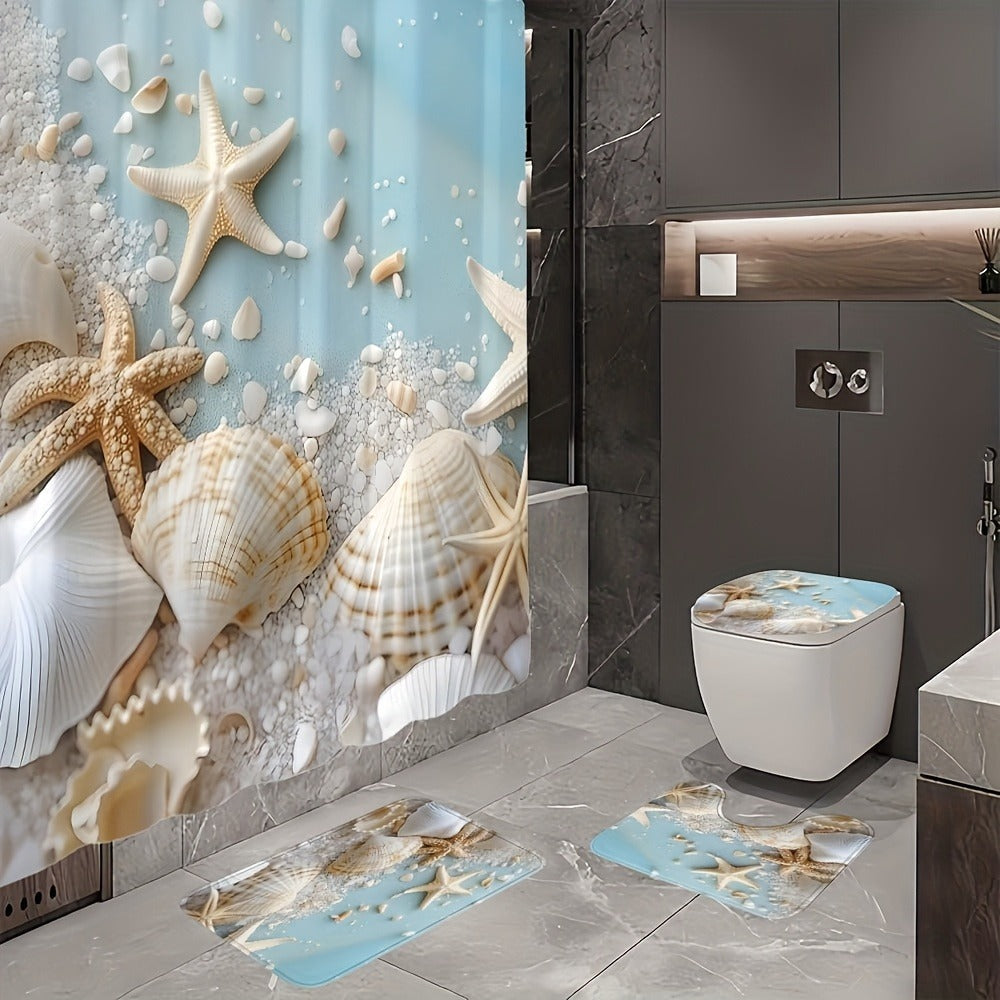 Shower Curtain Set Sea Star Shell Design Polyester with 12 Hooks Non-Slip Bath Mat U-Shaped Toilet Pad Lid Cover Bathroom Decor Set