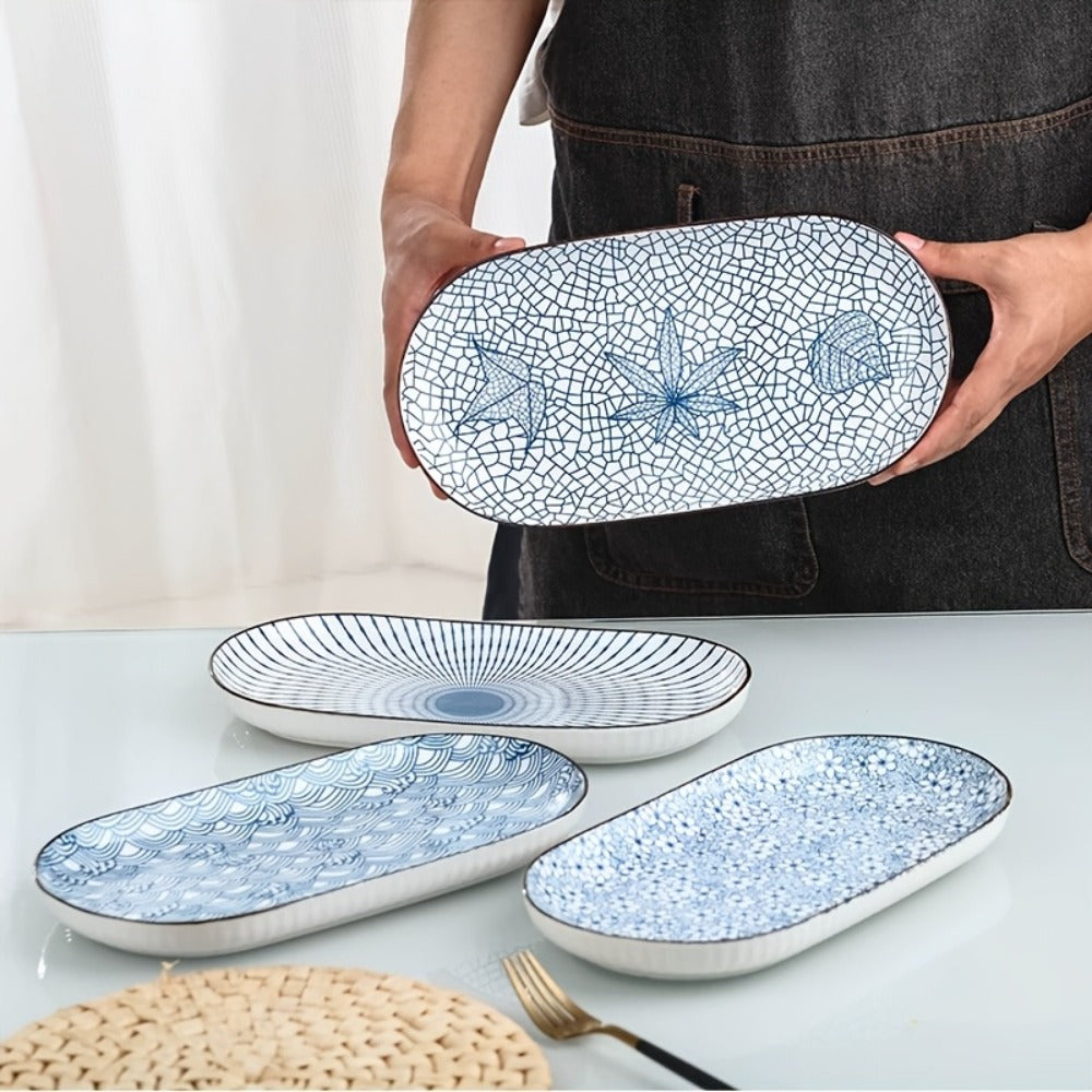 Japanese Blue White Porcelain Fish Plates Set of 4 ¨C 12 Inch Ceramic Serving Plates, Microwave & Oven Safe Steaming Baking Tableware