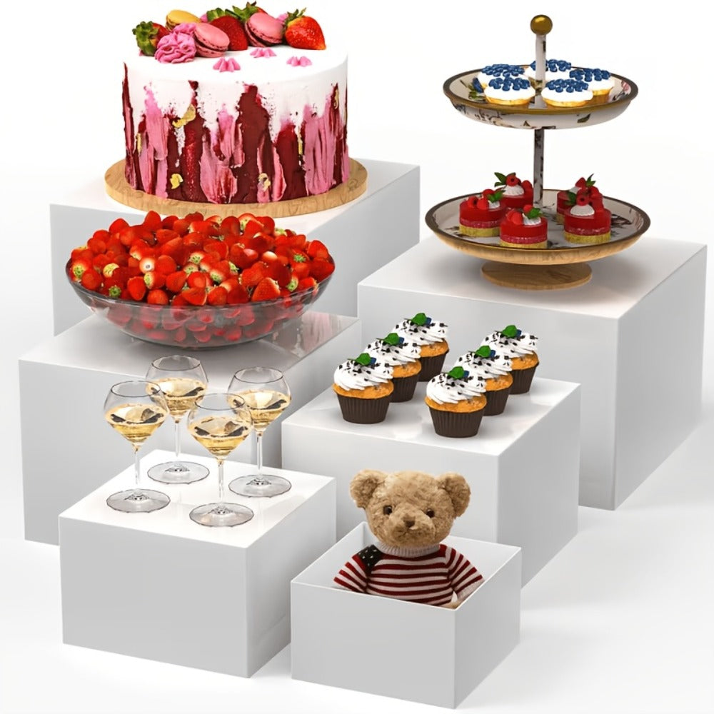 Display Stands 6pcs Five-Sided Square Buffet Risers - White Transparent Dessert Cake Display Storage Rack for Party Wedding Catering Retail Boutique Gallery Home Decor