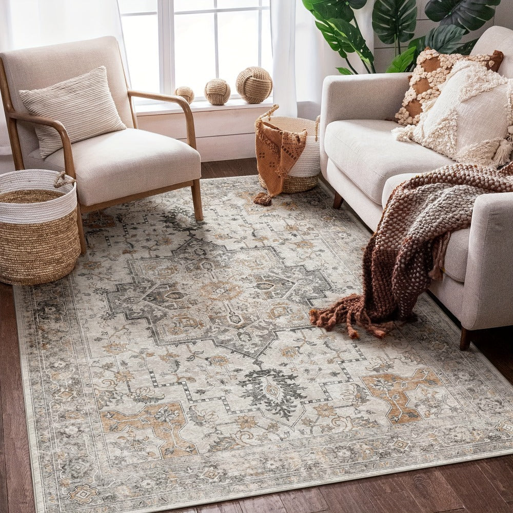 Vintage Chenille Area Rug Non-Slip Machine Washable ¨C Retro Print Lightweight Carpet for Living Room, Bedroom, Dining Area & Home Office ¨C Light Taupe Brown, 8 Sizes