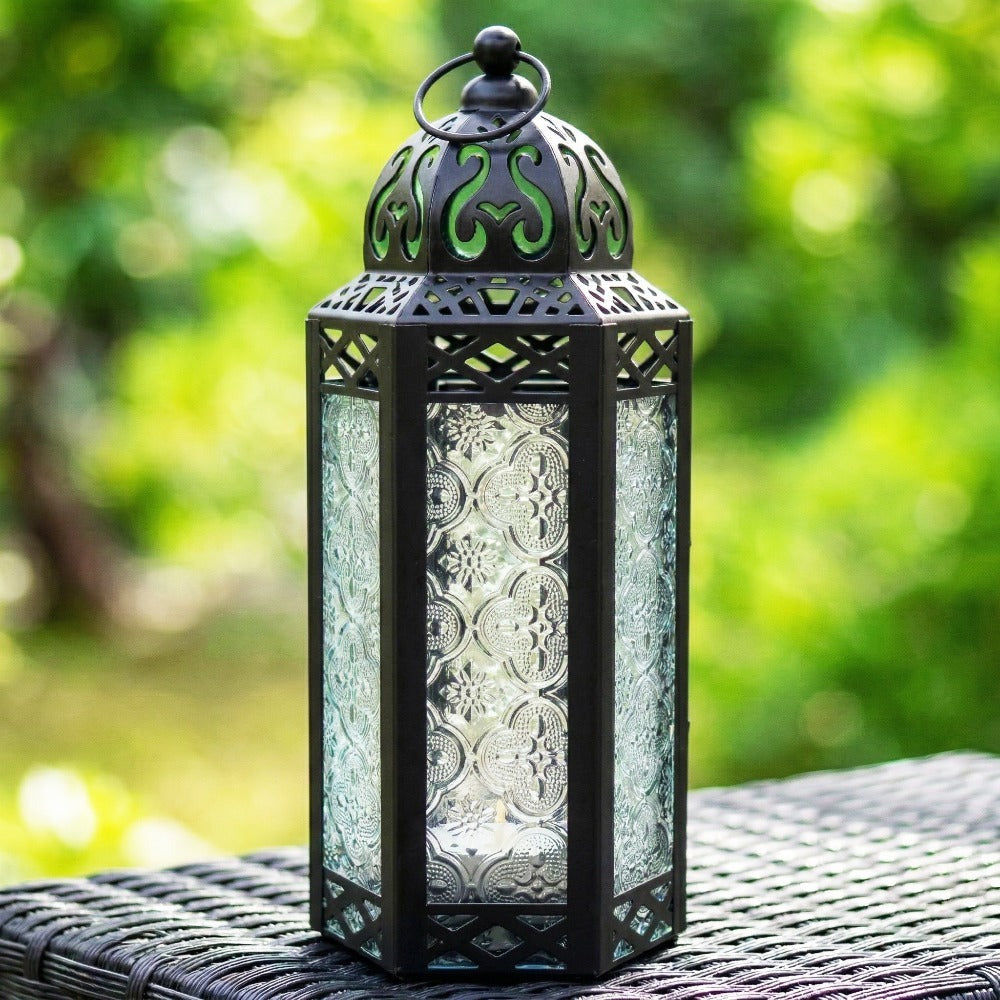 Moroccan Candle Lantern Holder - Decorative Metal & Glass Lantern with Embossed Floral Design for Indoor Home Decor, Garden, Patio, Weddings, Ramadan, Halloween & Holiday Celebrations - 10.5¡± Tall Medium Size