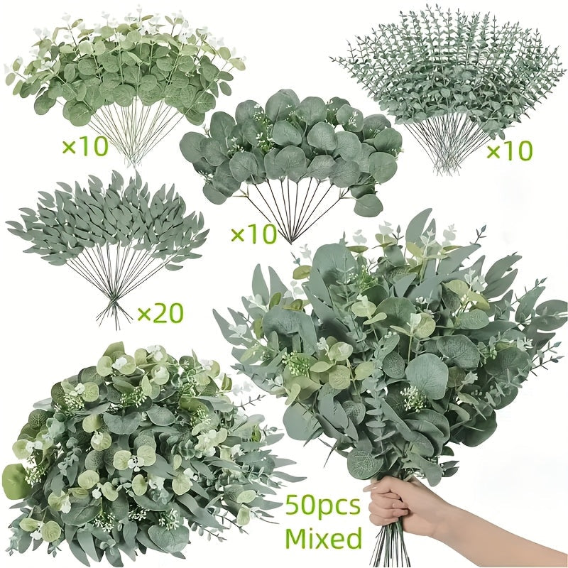 Artificial Eucalyptus Stems Bulk 50 56pcs Fake Flowers with 4 Leaf Varieties Lifelike Green Foliage Bouquet White Flowers for Wedding DIY Home Office Spring Valentine's Day St Patrick's Day Decor