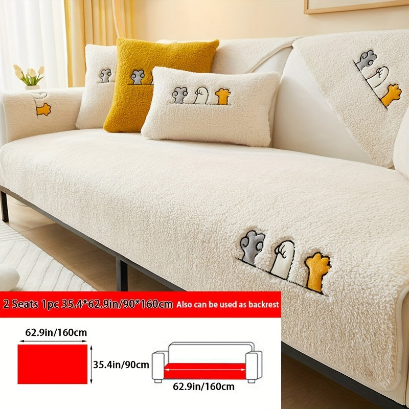 Plush Shearling Sofa Cover Non-Slip Pet-Friendly Couch Protector Animal Bone Embroidery Soft Warm for Living Room Bedroom Office 2 3 4 Seater