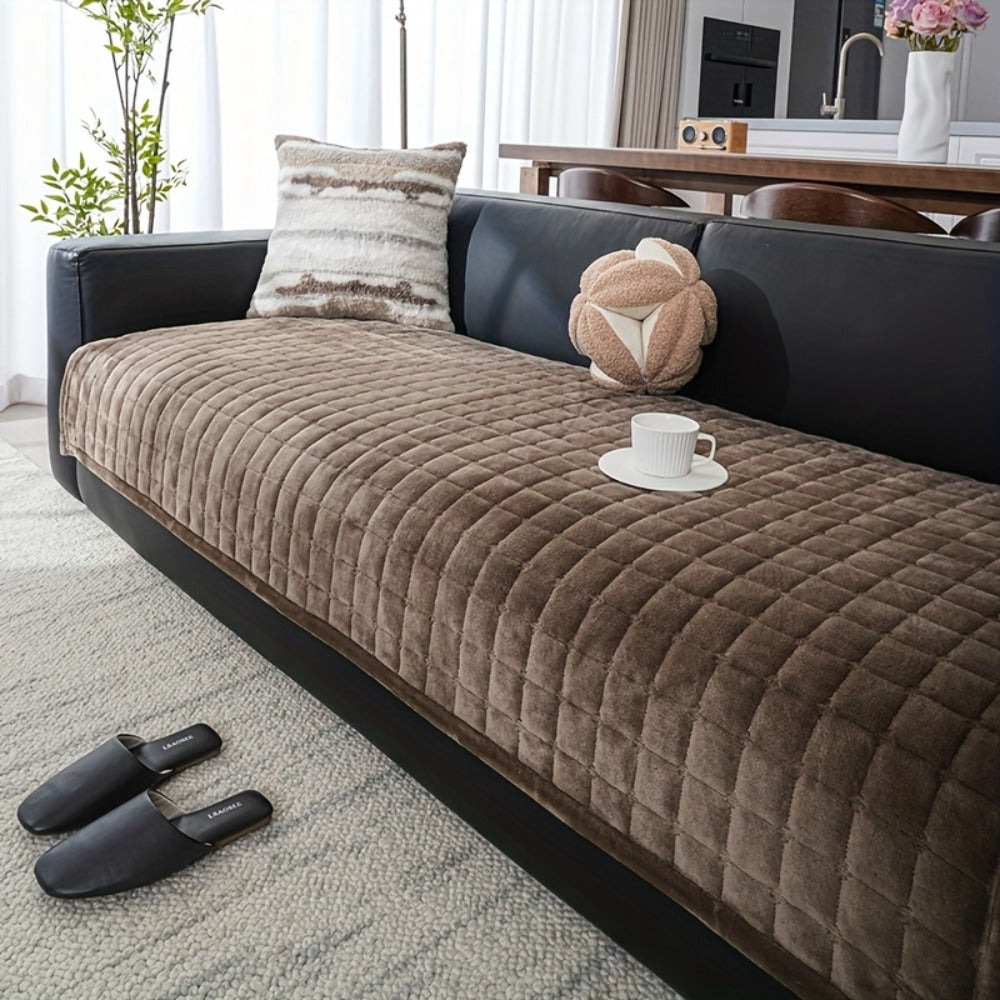 Sofa Cushion Cover Flannel Non-Slip Bohemian Style Soft Plush Couch Cover - Machine Washable Solid Color Slipcover for 2/3/4-Seater Sofa Living Room Bedroom Office, Coffee Gray White, Easy Care