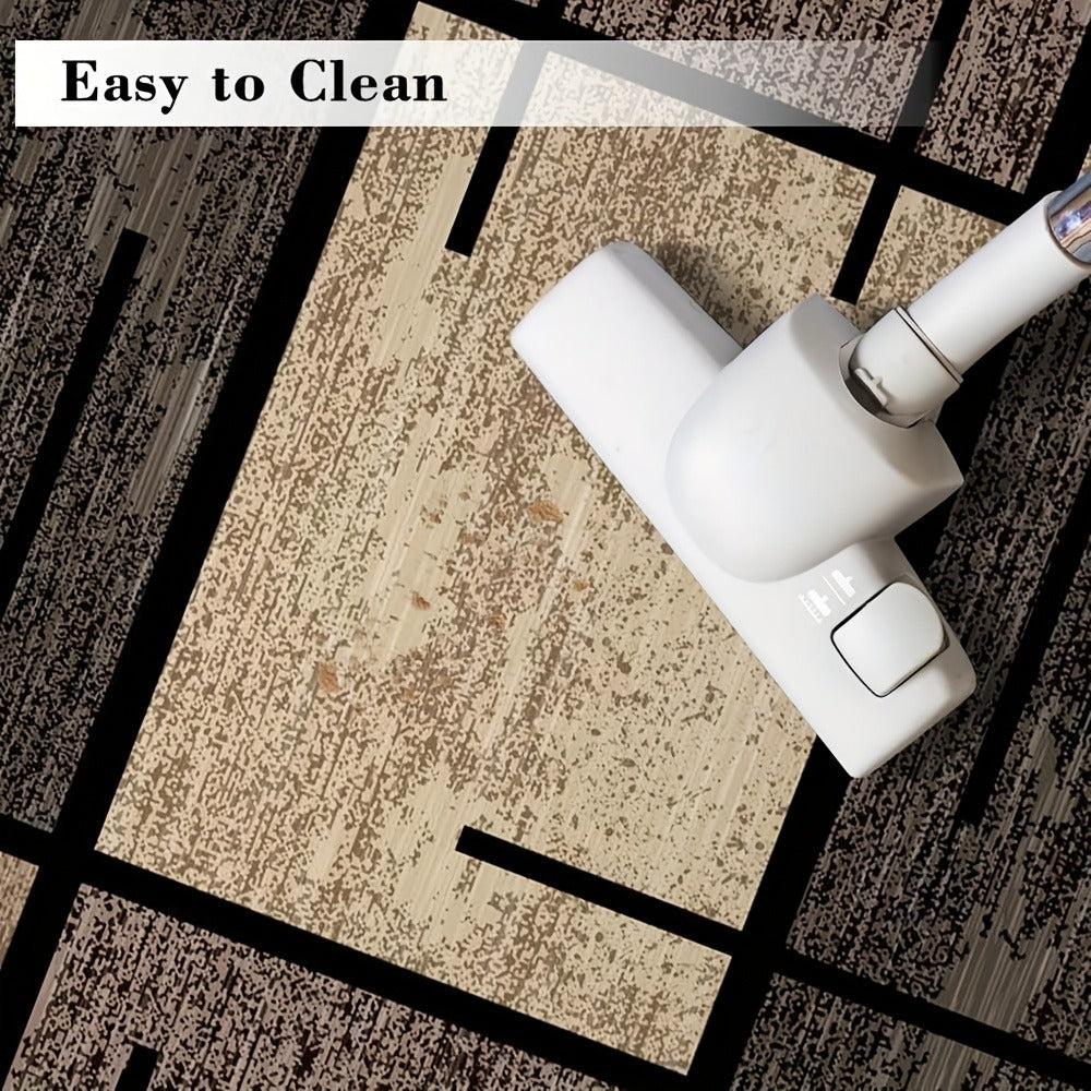 Machine Washable Area Rug Geometric Beige Brown Velvet 850 GSM Fade-Resistant Polyester Carpet for Living Room Bedroom Dining Room Office Non-Slip Rectangle Floor Rug