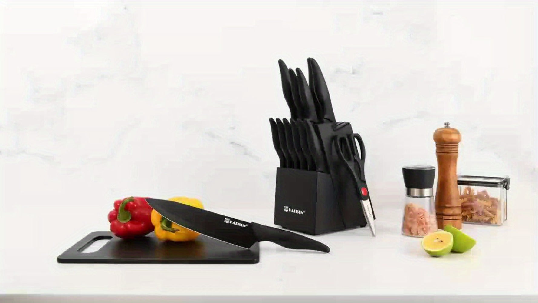 Kitchen Knife Set 15 Piece Professional Chef Knife Set with Wooden Block Non-Slip ABS Handle Cutting Board Kitchen Shears Black Coded Knives for Home Restaurant