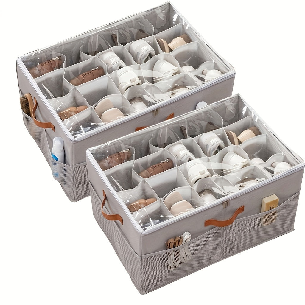 Shoe Storage Box 16-Pair, Clear Foldable Shoe Organizer with Flip-Top Lid & Reinforced Handles ¡ª Heavy-Duty Space-Saving Shoe Box for Closet, Bedroom & Entryway | Black & Grey | 1 or 2 Pack